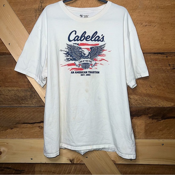 Cabelas Vintage T Shirt Men’s Eagle Land of the Free White Top 2XL - Picture 1 of 9